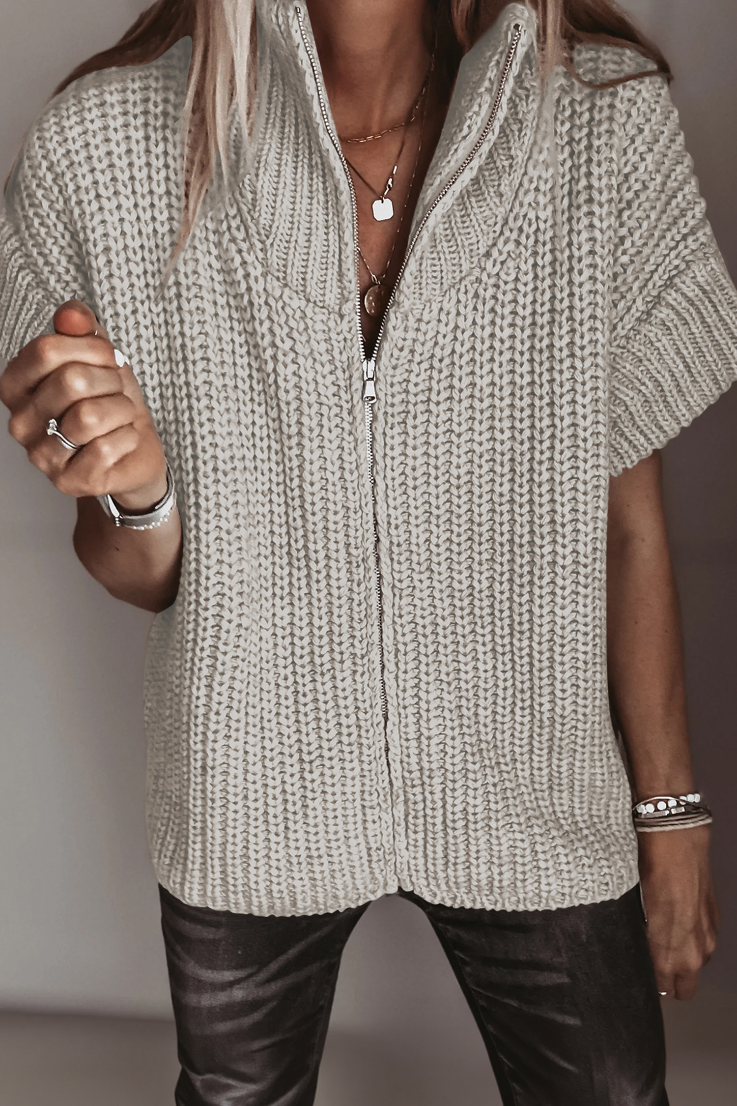 Women's Solid Short Sleeve Sweater, Chunky Zip Up Knit - Detail View 2