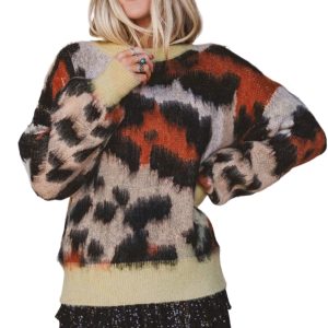 Women's Leopard Print Sweater, Khaki Casual Fall Pullover - Main View