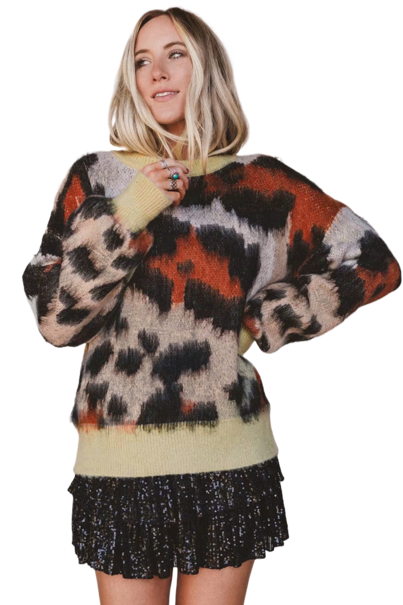 Women's Leopard Print Sweater, Khaki Casual Fall Pullover - Main View