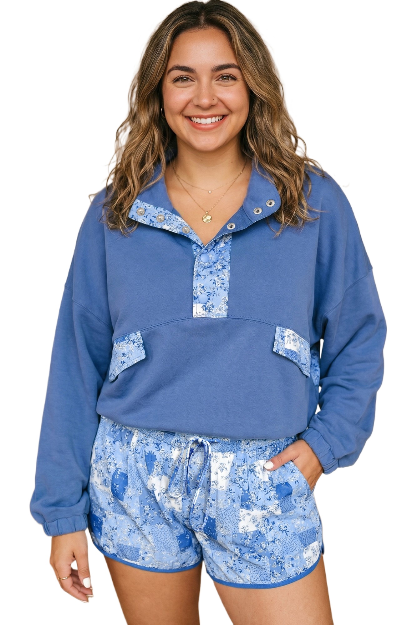 Women's 2 Piece Shorts Set, Casual Long Sleeve Floral Lounge - Main View