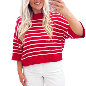 Women's Striped Relaxed Knit Sweater, Casual Half Sleeve - Main View