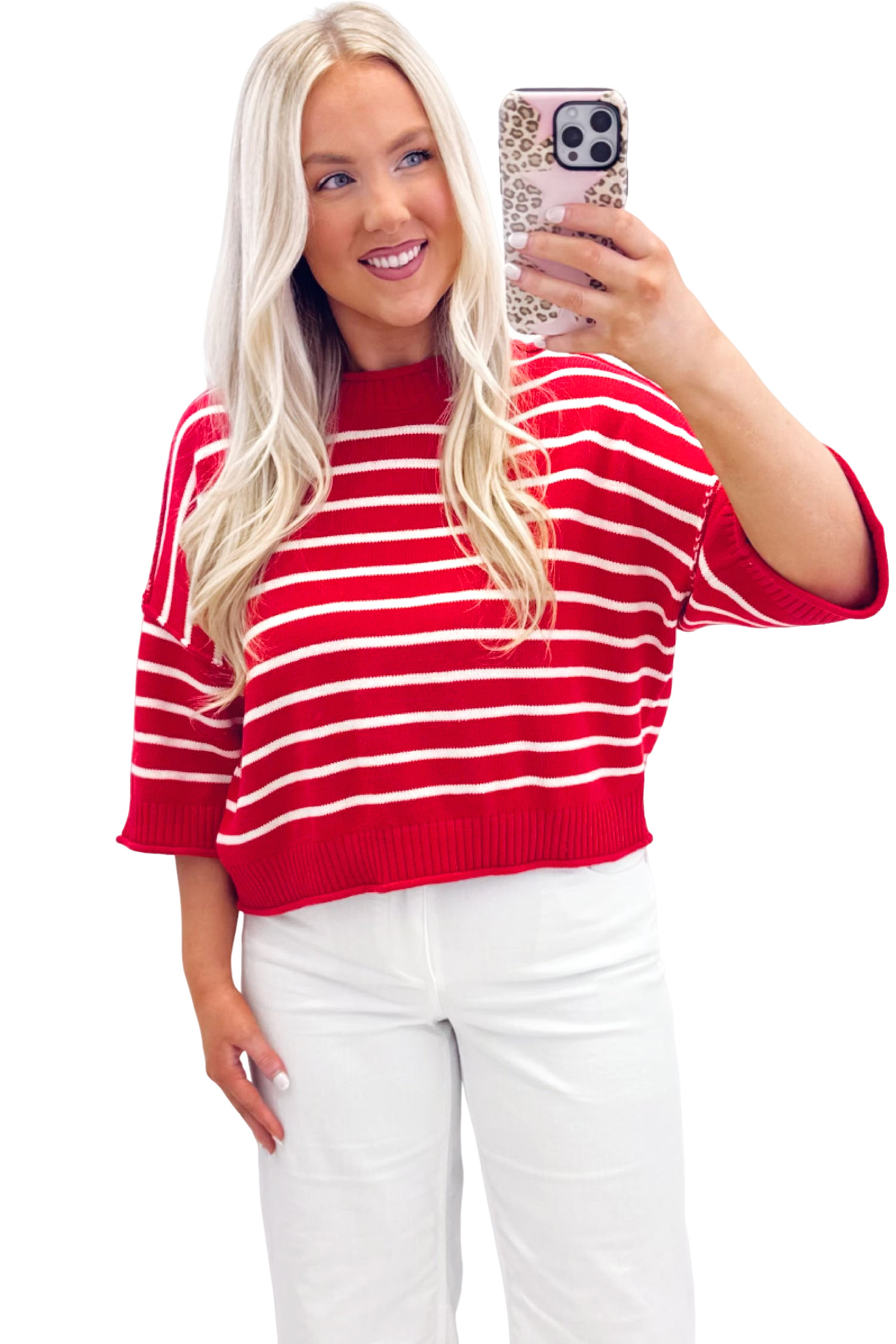 Women's Striped Relaxed Knit Sweater, Casual Half Sleeve - Main View