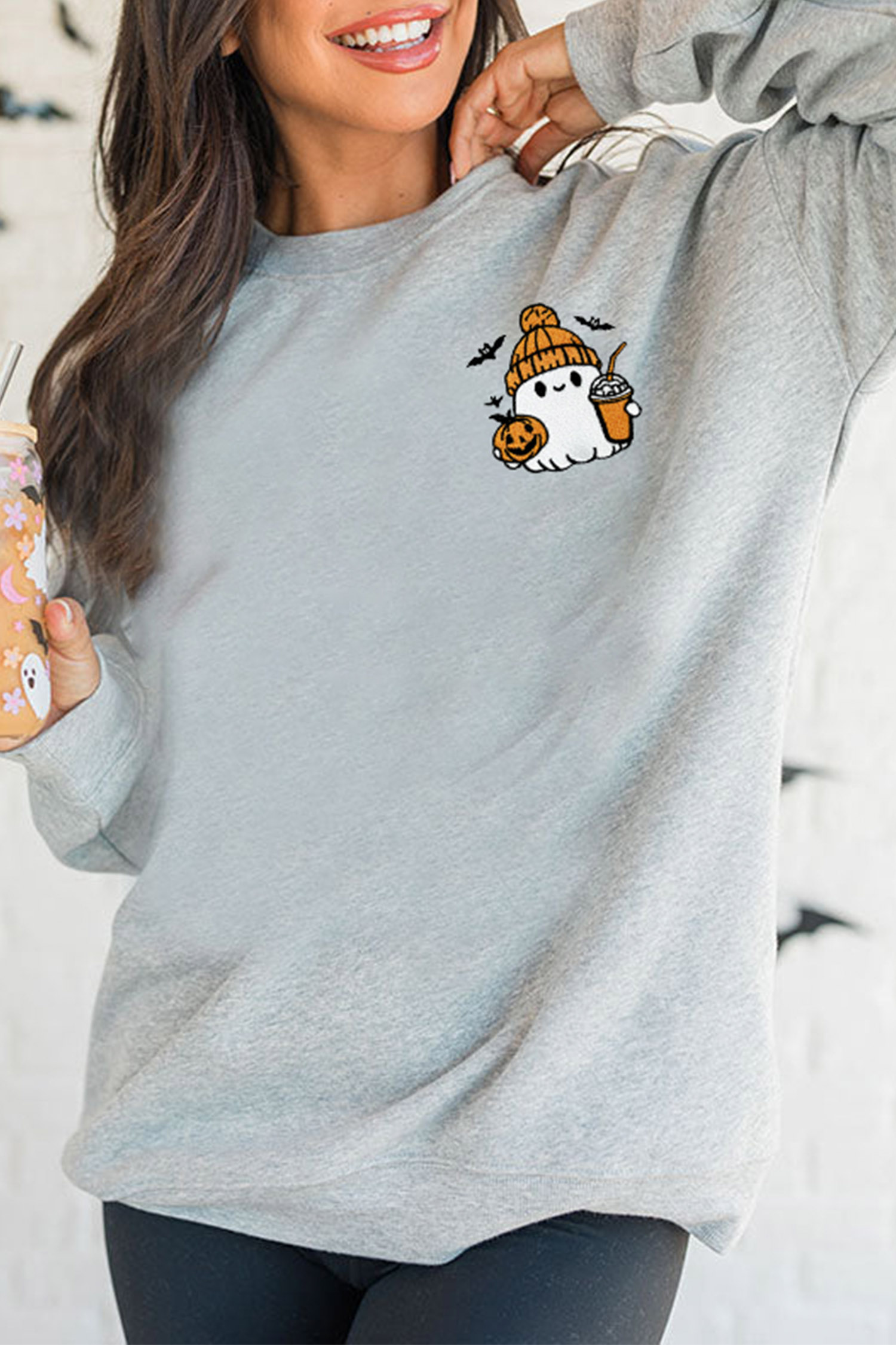 Light Grey Halloween Pullover, Embroidered Casual Sweatshirt - Detail View 3