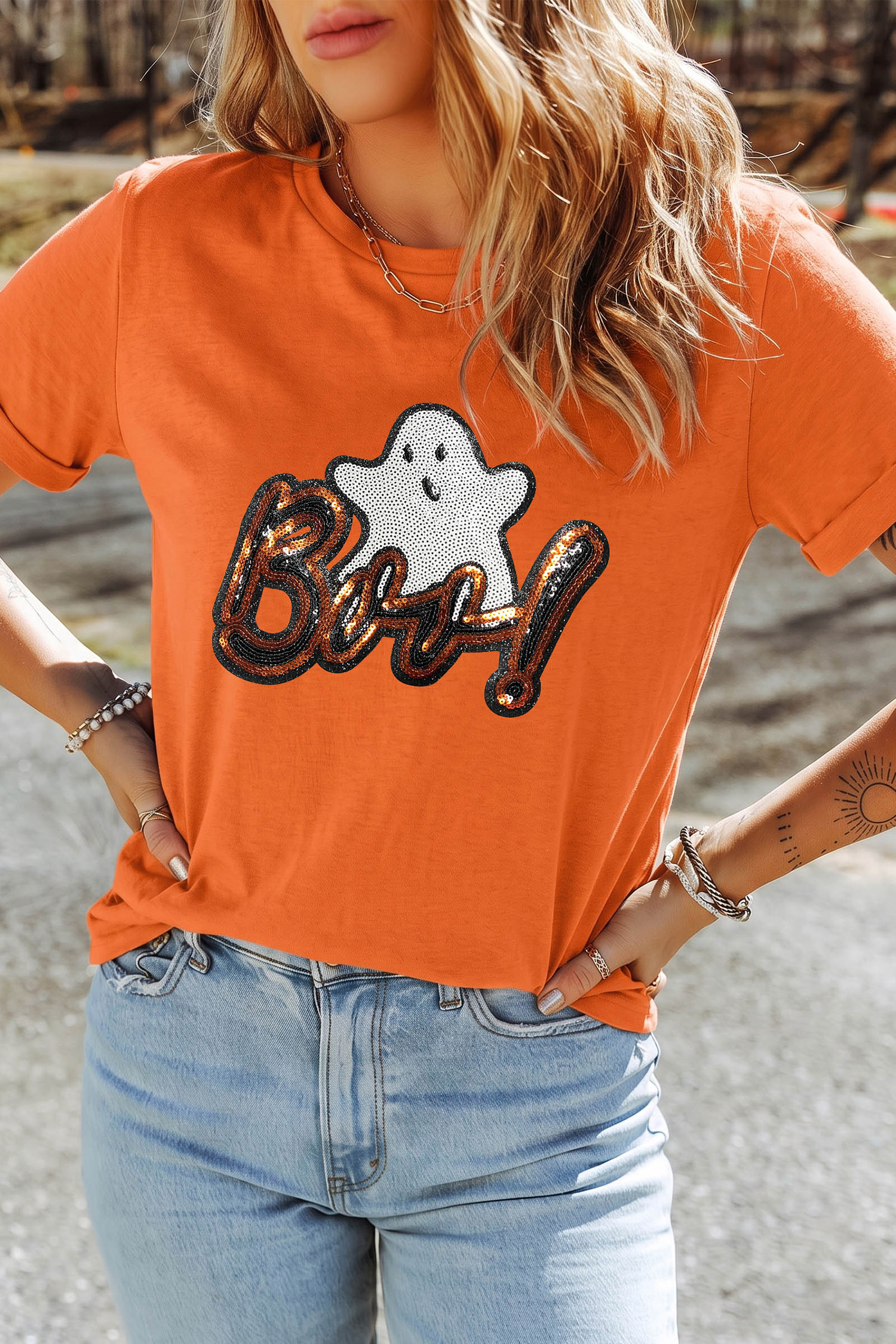 Women's Halloween Ghost Tee, Casual Orange Short Sleeve - Detail View 7