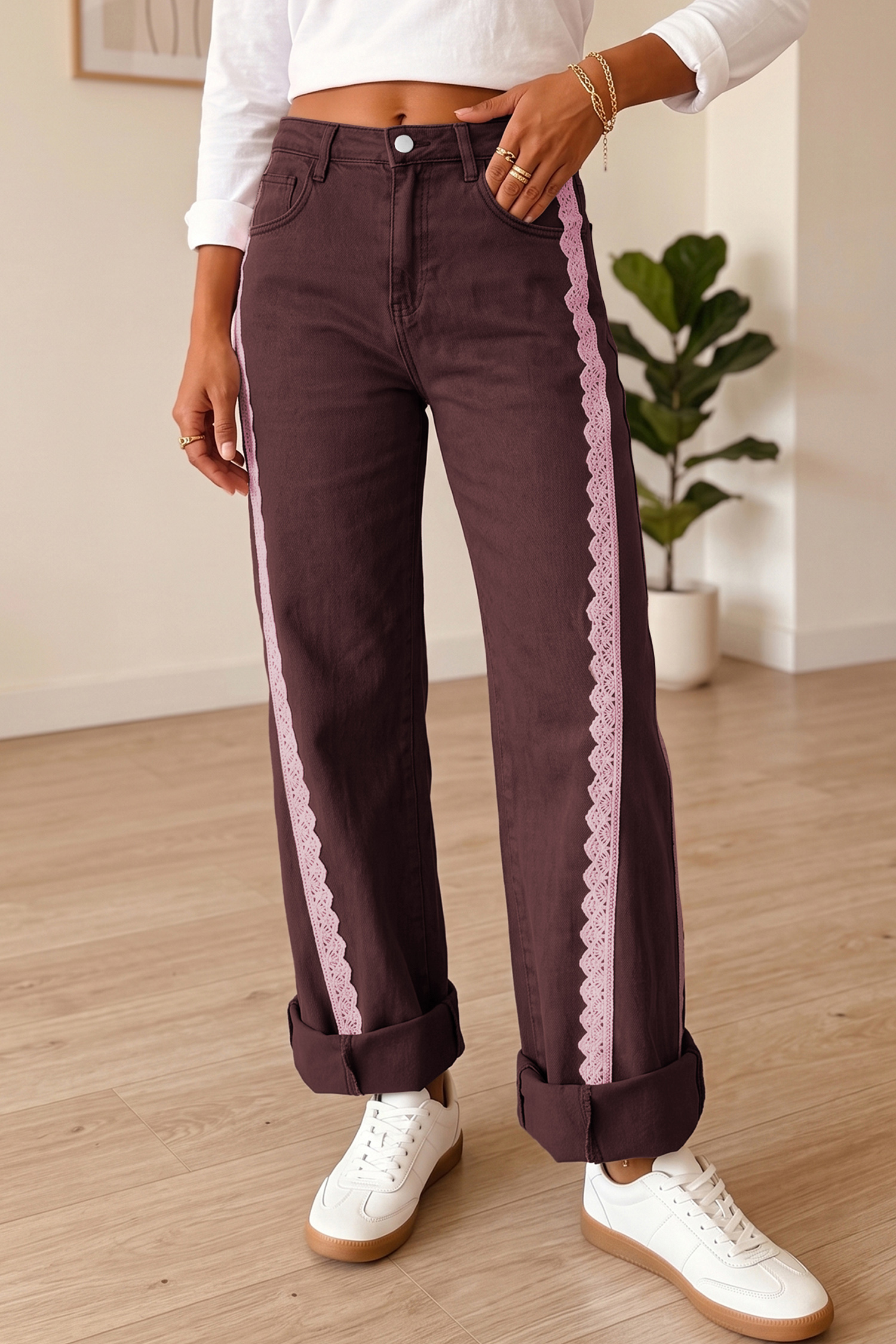 Coffee Relaxed Denim, Women's Lace Trim Side Stripe Pants - Detail View 3