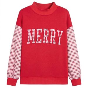 Women's Merry Christmas Sweatshirt, Red Gingham Pullover - Main View
