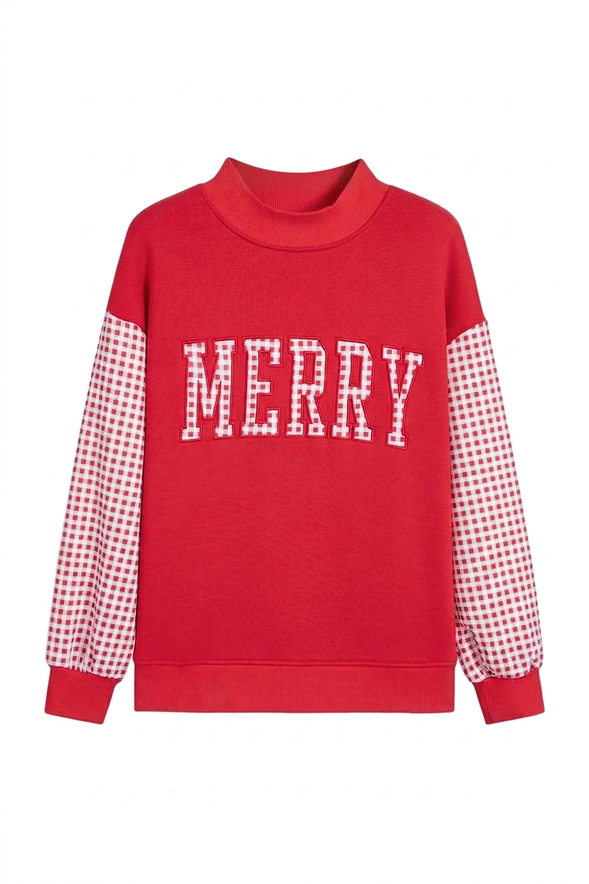 Women's Merry Christmas Sweatshirt, Red Gingham Pullover - Main View