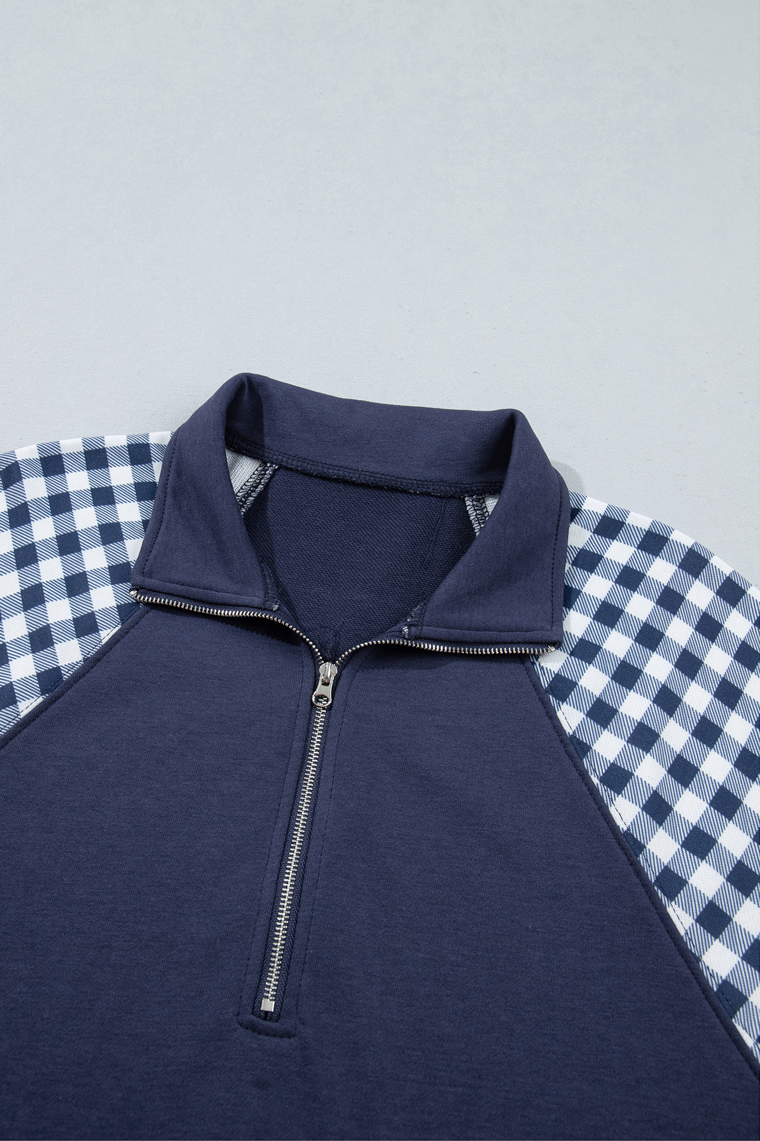 Patchwork Plaid Women's Sweatshirt, Navy Blue Casual Top - Detail View 5