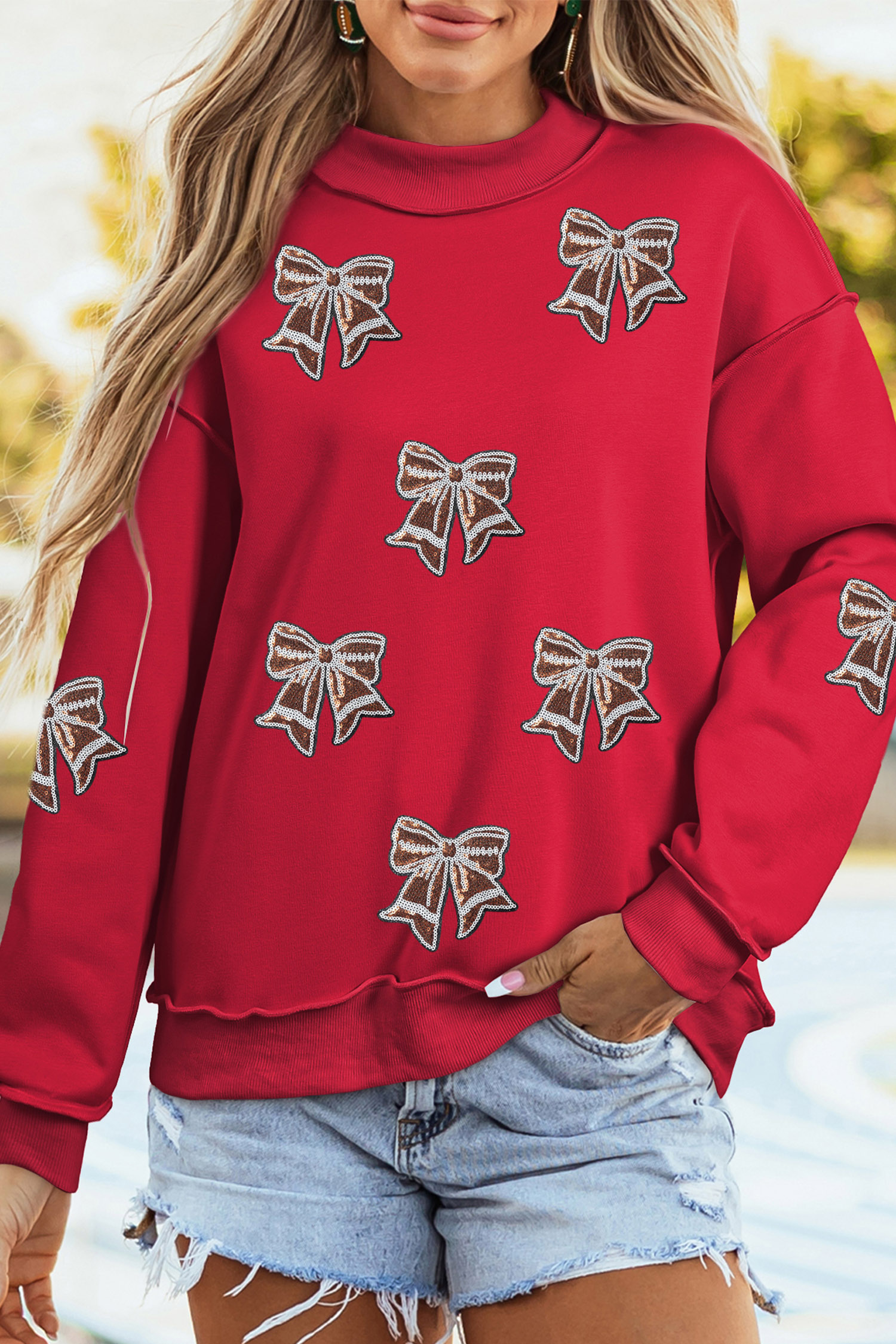 Cozy Cotton Blend Women's Sweatshirt, Sequin Bow Mock Neck - Detail View 6