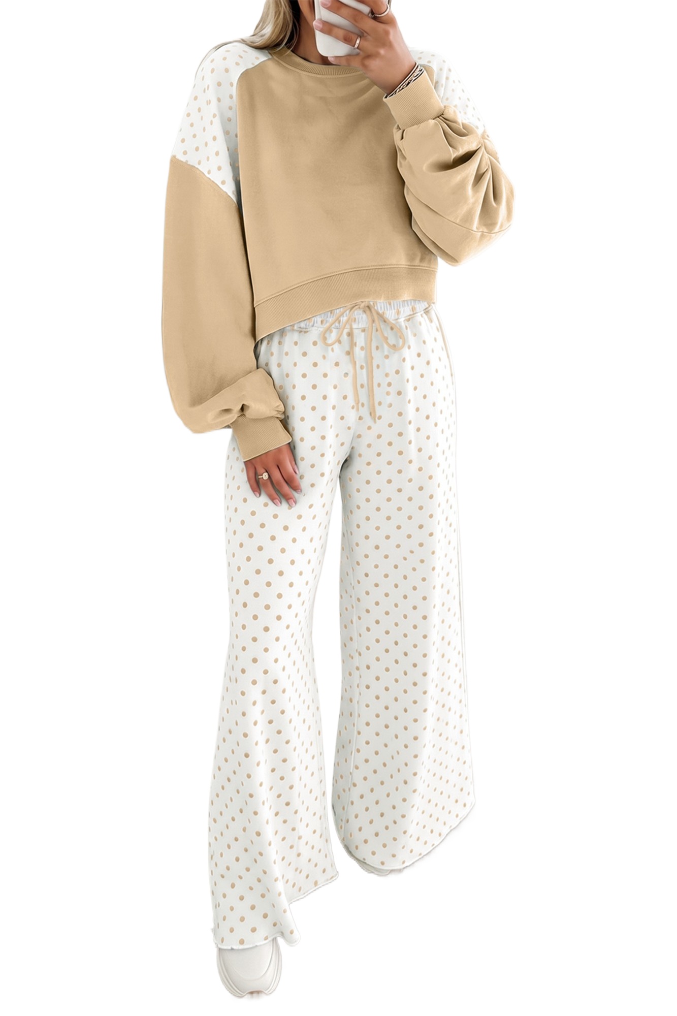 Women's Polka Dot Lounge Set, Colorblock Two Piece Outfit - Main View