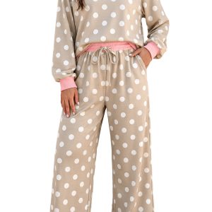 Women's Polka Dot Lounge Set, Casual Long Sleeve Pants - Main View