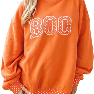 Women's Halloween Sweatshirt, Orange Polka Dot Mock Neck Top - Main View