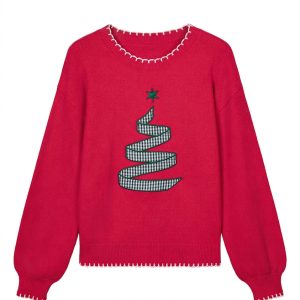 Women's Red Christmas Tree Sweater, Casual Holiday Pullover - Main View