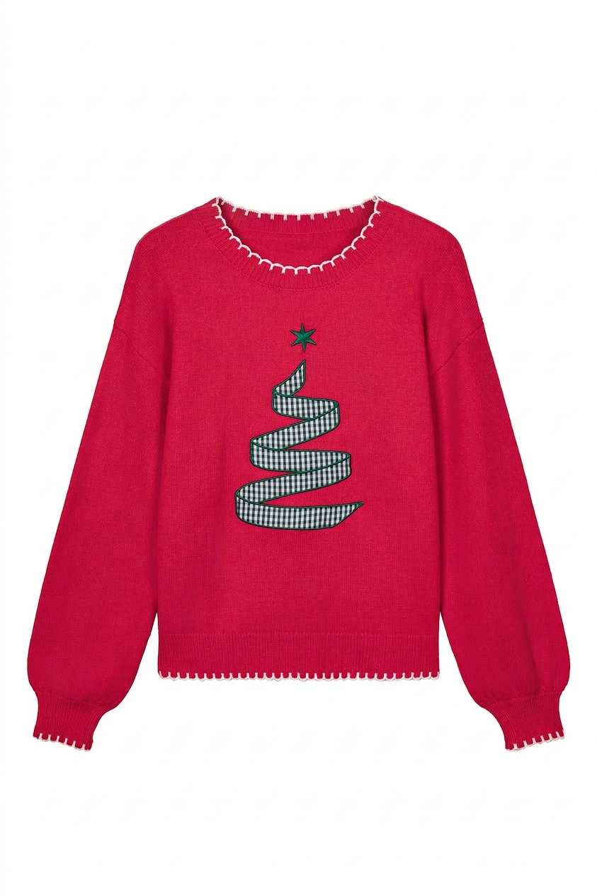 Women's Red Christmas Tree Sweater, Casual Holiday Pullover - Main View