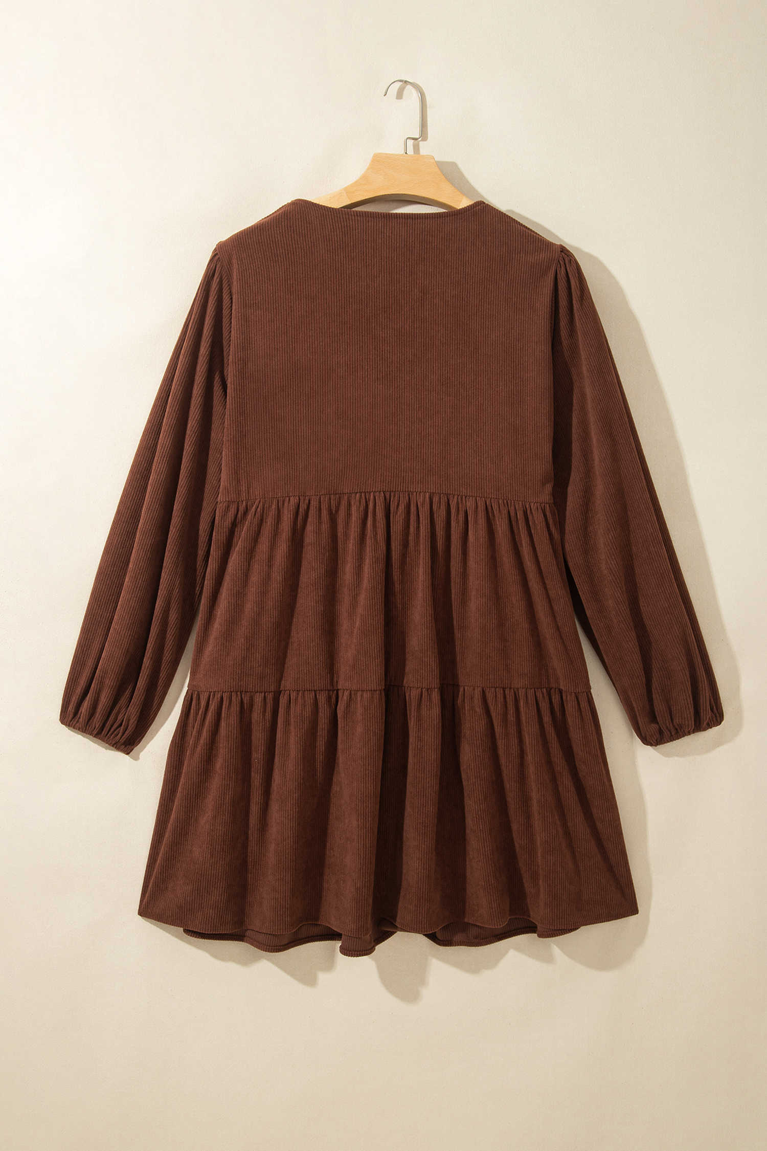 Tiered Corduroy Mini Dress, Casual Brown Long Sleeve Fall - Detail View 5