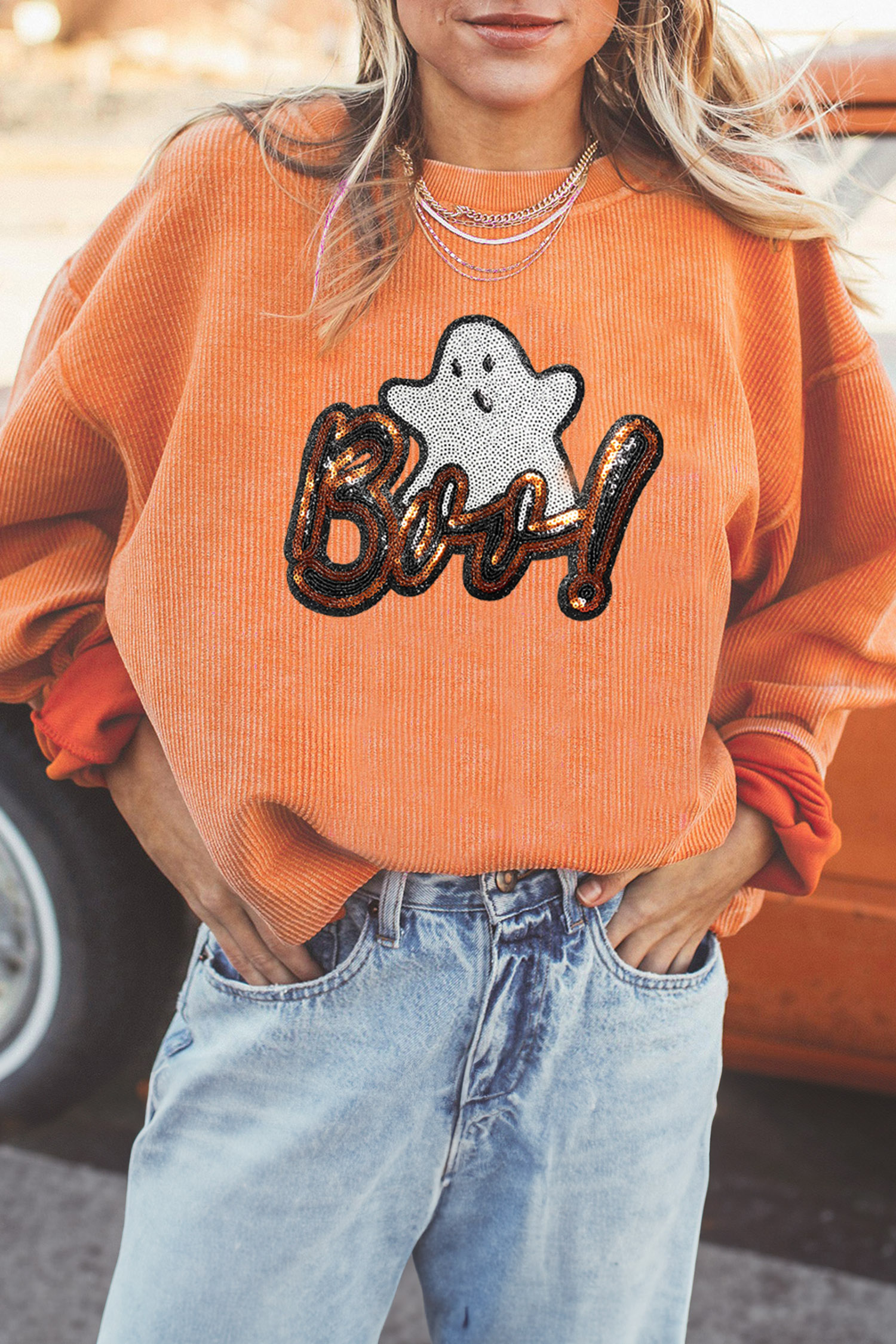 Women's Halloween Ghost Sweatshirt, Orange Corded Graphic Top - Detail View 7