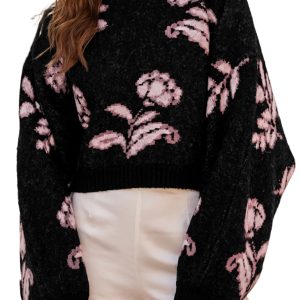 Women's Black Floral Knit Sweater, Casual Long Sleeve Pullover - Main View