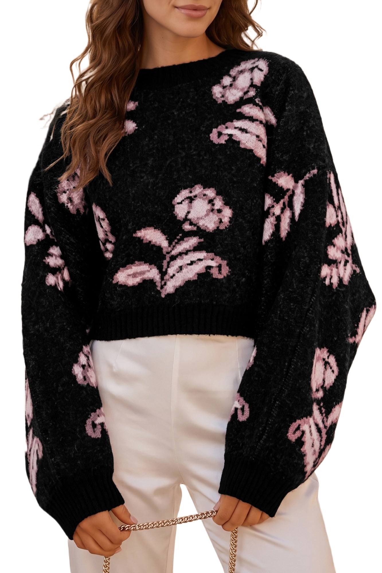 Women's Black Floral Knit Sweater, Casual Long Sleeve Pullover - Main View