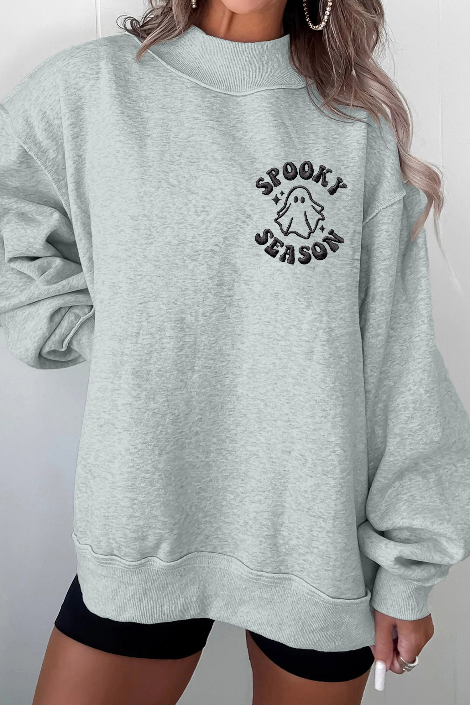 Women's Gray Autumn Sweatshirt, Cozy Stand Neck Design - Detail View 3