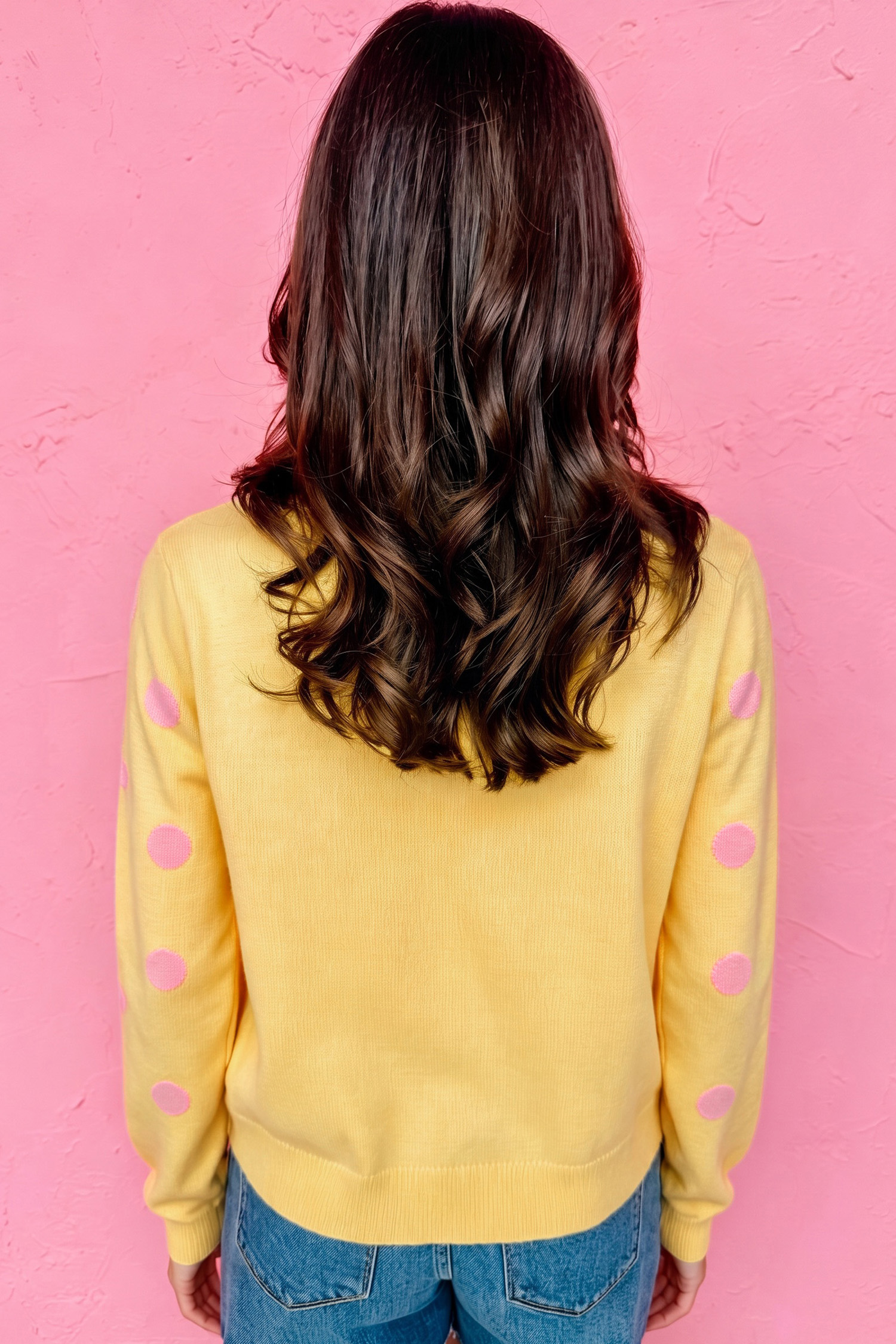 Casual Button Down Sweater, Women's Yellow Polka Dot Cardigan - Detail View 3