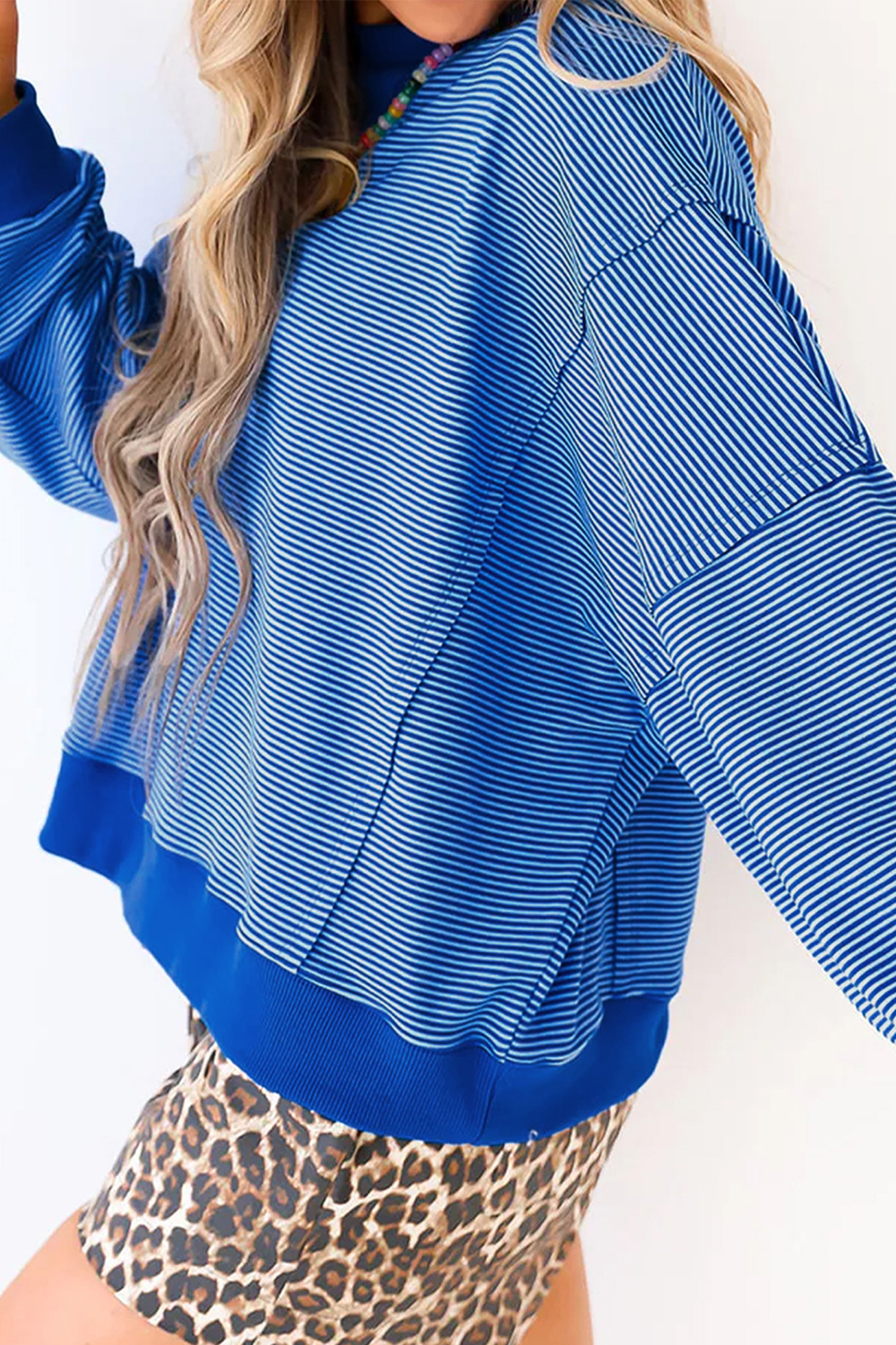 Blue Stripe Long Sleeve Top, Relaxed Casual Ribbed Hem Fit - Detail View 5