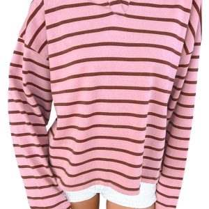 Women's Casual Striped Polo Top, Long Sleeve Collar Shirt - Main View