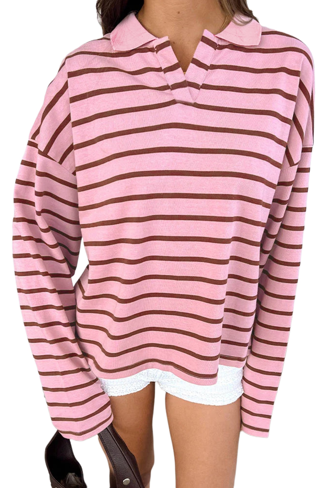 Women's Casual Striped Polo Top, Long Sleeve Collar Shirt - Main View