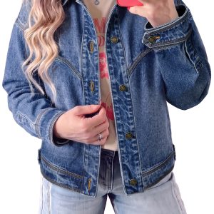 Women's Denim Jacket, Vintage Sail Blue Western Style Coat - Main View