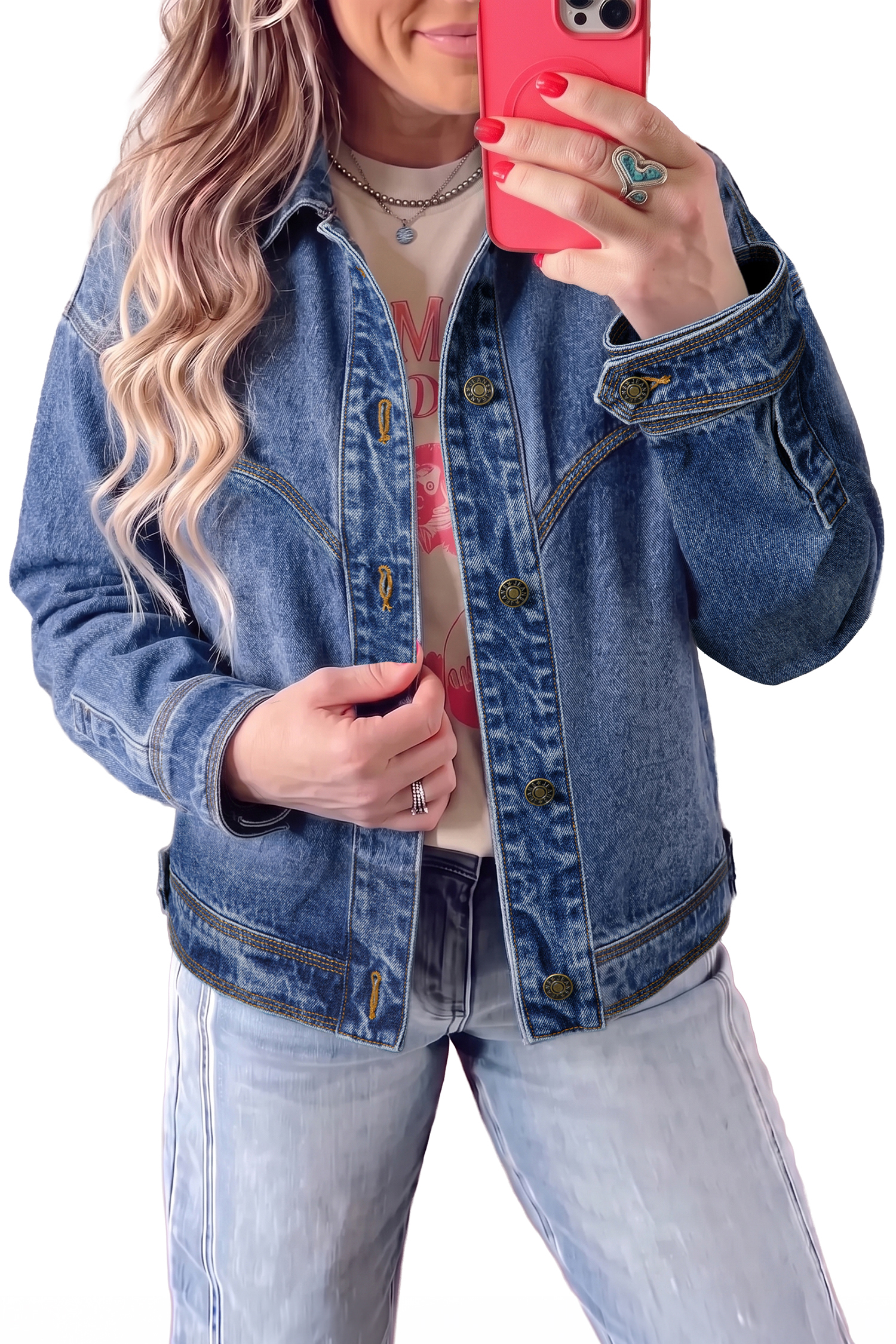 Women's Denim Jacket, Vintage Sail Blue Western Style Coat - Main View