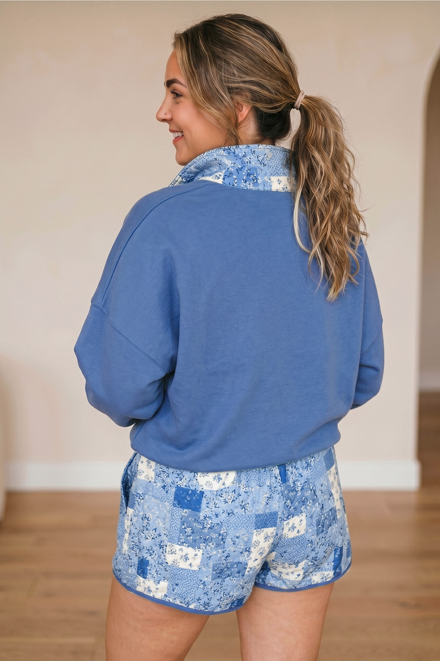 Women's Cotton Blend Shorts Set, Cozy Long Sleeve Sweatshirt - Detail View 3