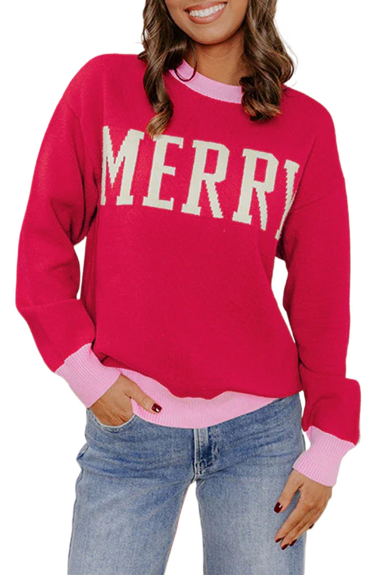 Women's Christmas Sweater, Casual Letter Print - Main View