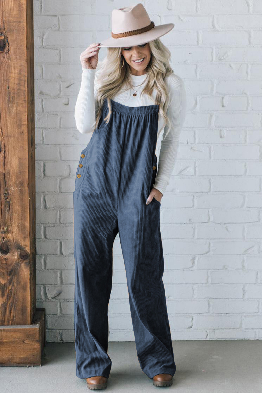 Solid Teal Overalls, Women's Trendy Button Jumpsuit - Detail View 5