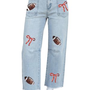 Women's Sequin Rugby Bow Jeans, Game Day Raw Hem Denim - Main View