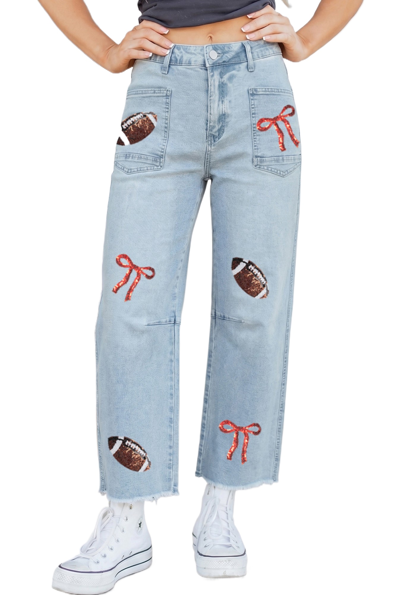 Women's Sequin Rugby Bow Jeans, Game Day Raw Hem Denim - Main View