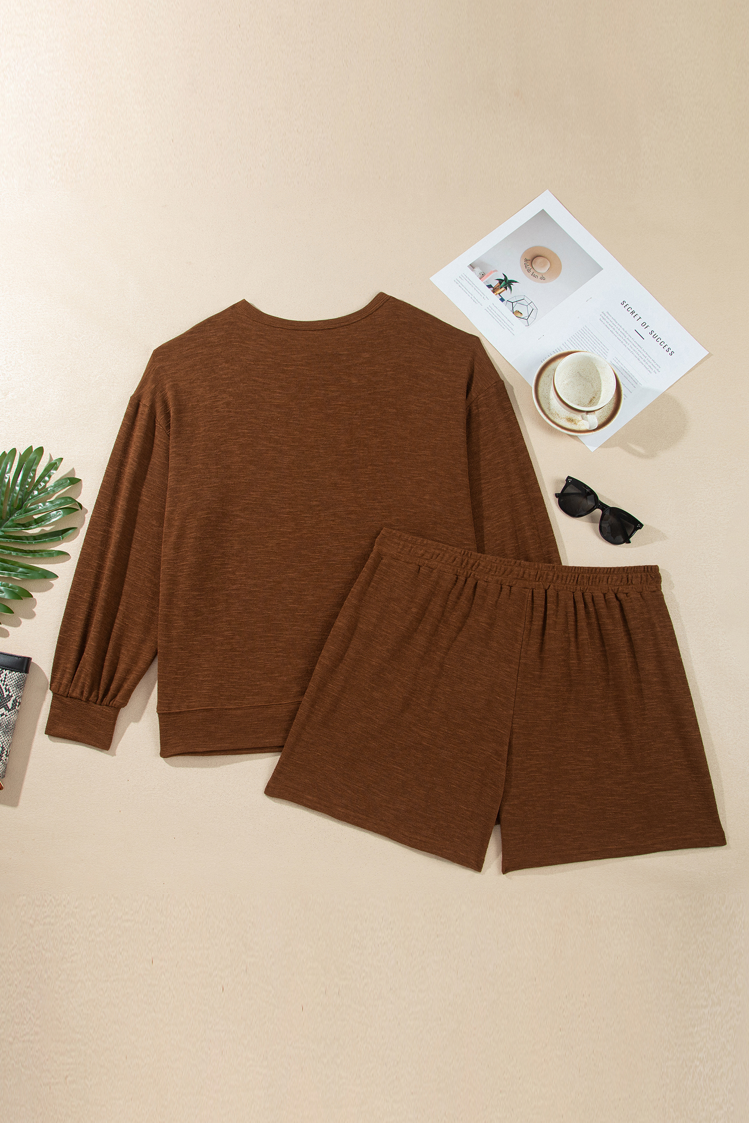 Casual Two Piece Shorts Set, Women's Fall Long Sleeve Outfit - Detail View 8