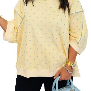 Women's Yellow Polka Dot Top, Casual 3/4 Sleeve Crewneck - Main View