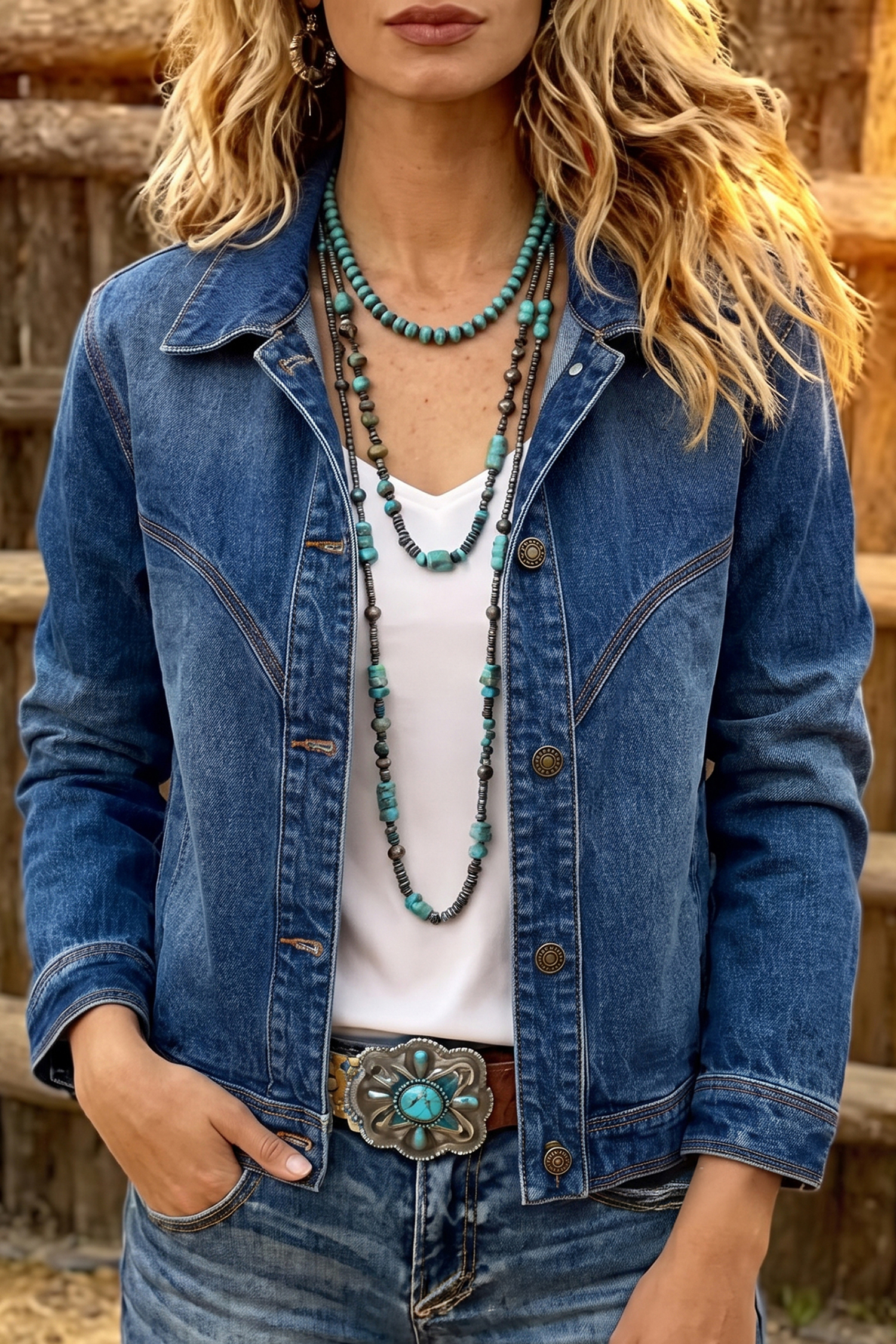 Western Denim Jacket, Long Sleeve Vintage Wash Fall Coat - Detail View 3