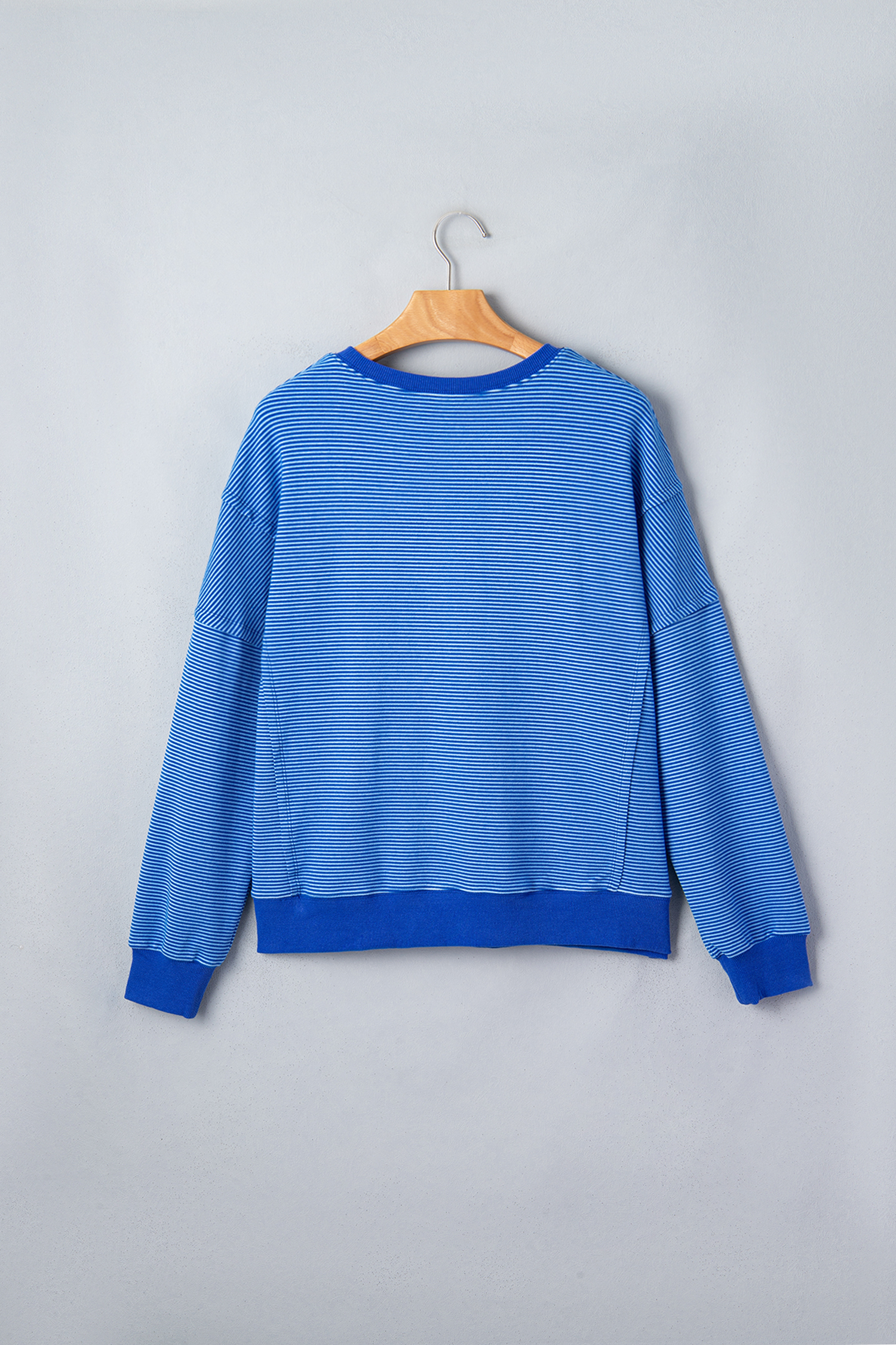 Blue Stripe Long Sleeve Top, Relaxed Casual Ribbed Hem Fit - Detail View 8