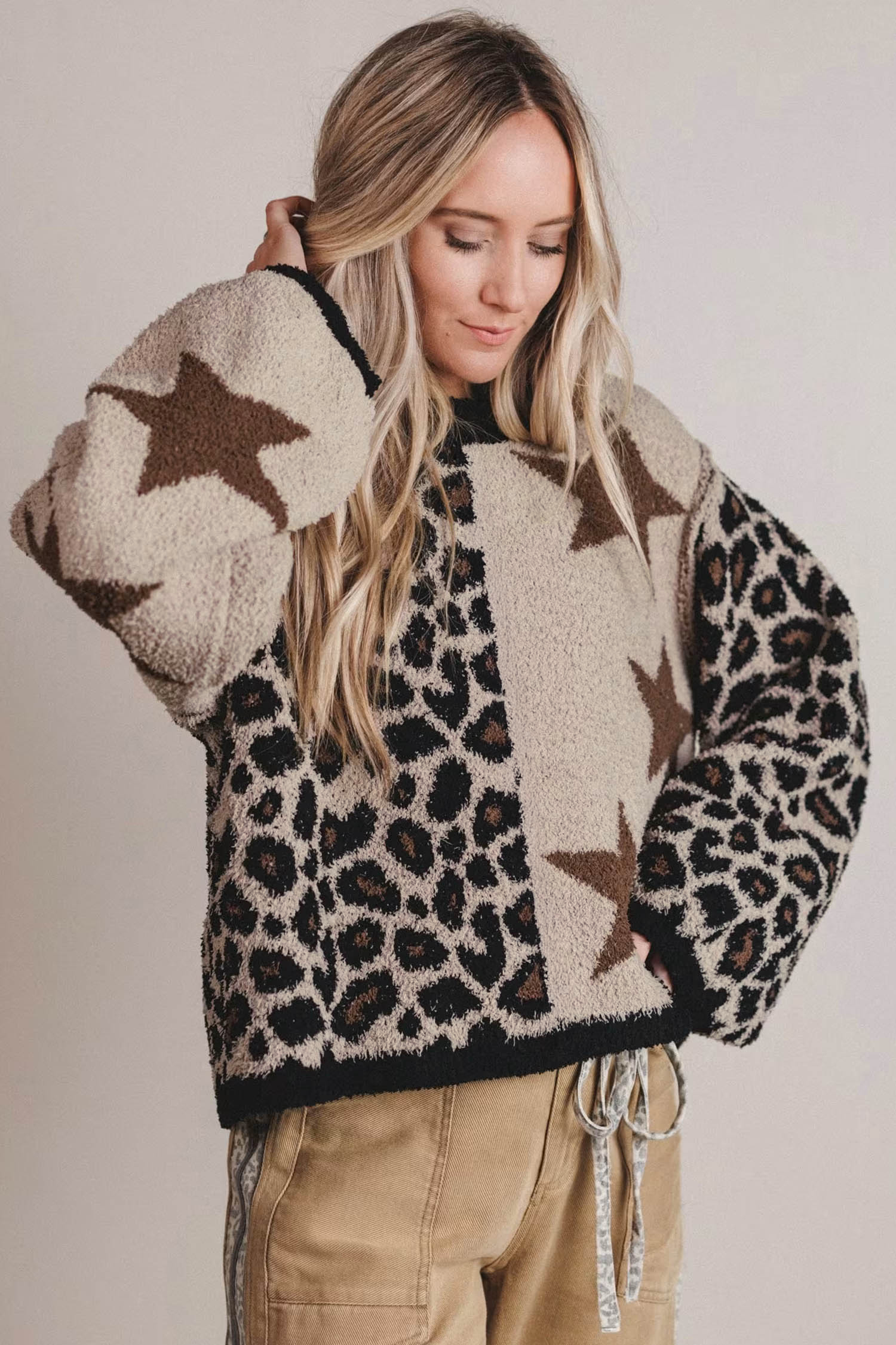 Fuzzy Leopard Star Sweater, Long Sleeve Women's Knit - Detail View 6