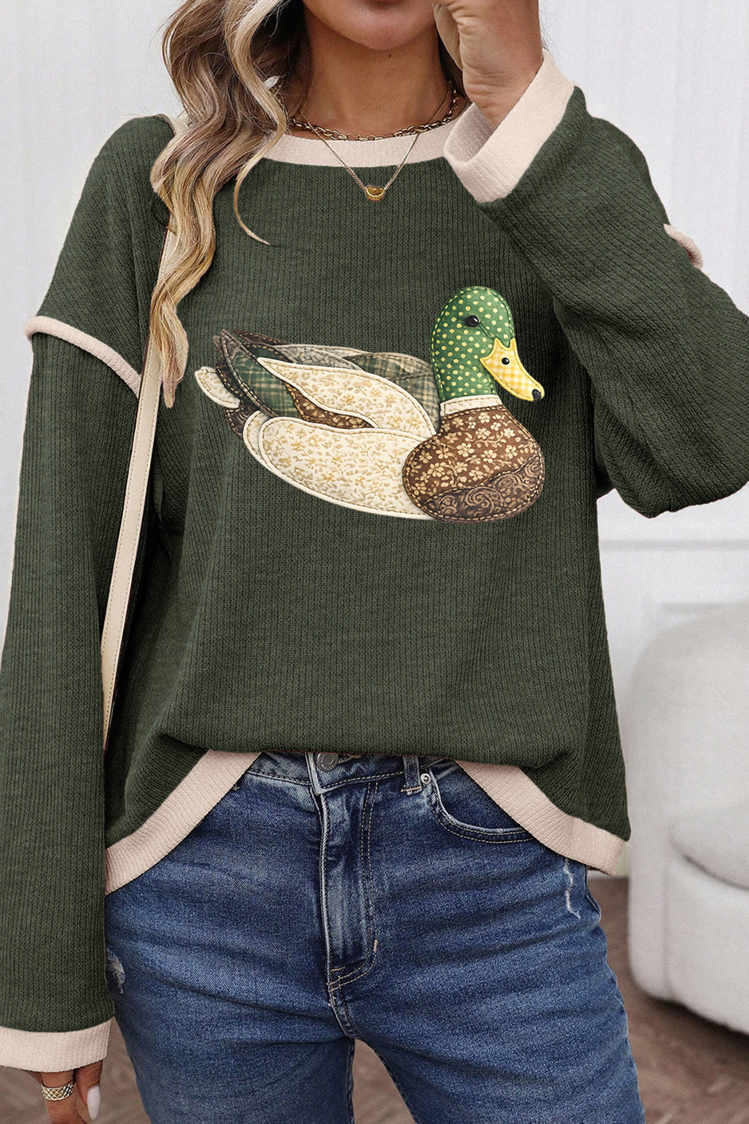 Mallard Duck Graphic Sweater, Western Print Women Knit Top - Detail View 5