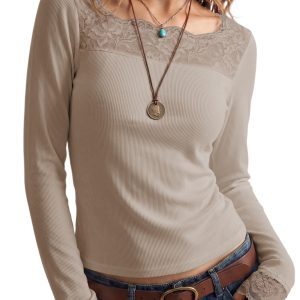 Women's Ribbed Long Sleeve Top, Casual Square Neck Dune - Main View