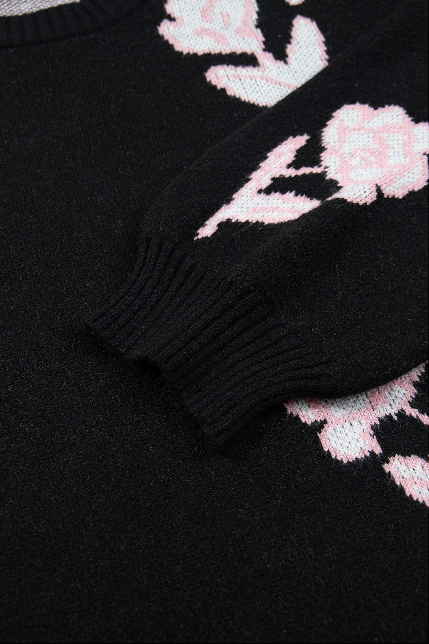 Women's Black Floral Knit Sweater, Casual Long Sleeve Pullover - Detail View 7