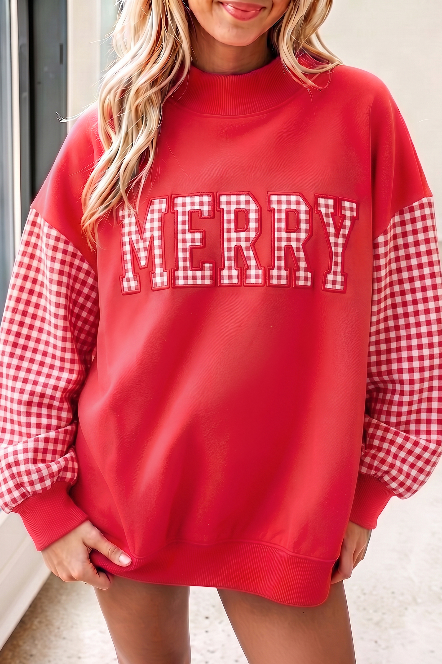 Red Plaid Gingham Pullover, Oversized Mock Neck Top Women - Detail View 2