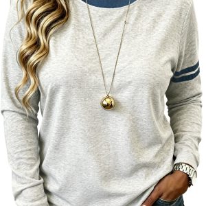 Women's Casual Colorblock Top, Gray Round Neck Tee - Main View
