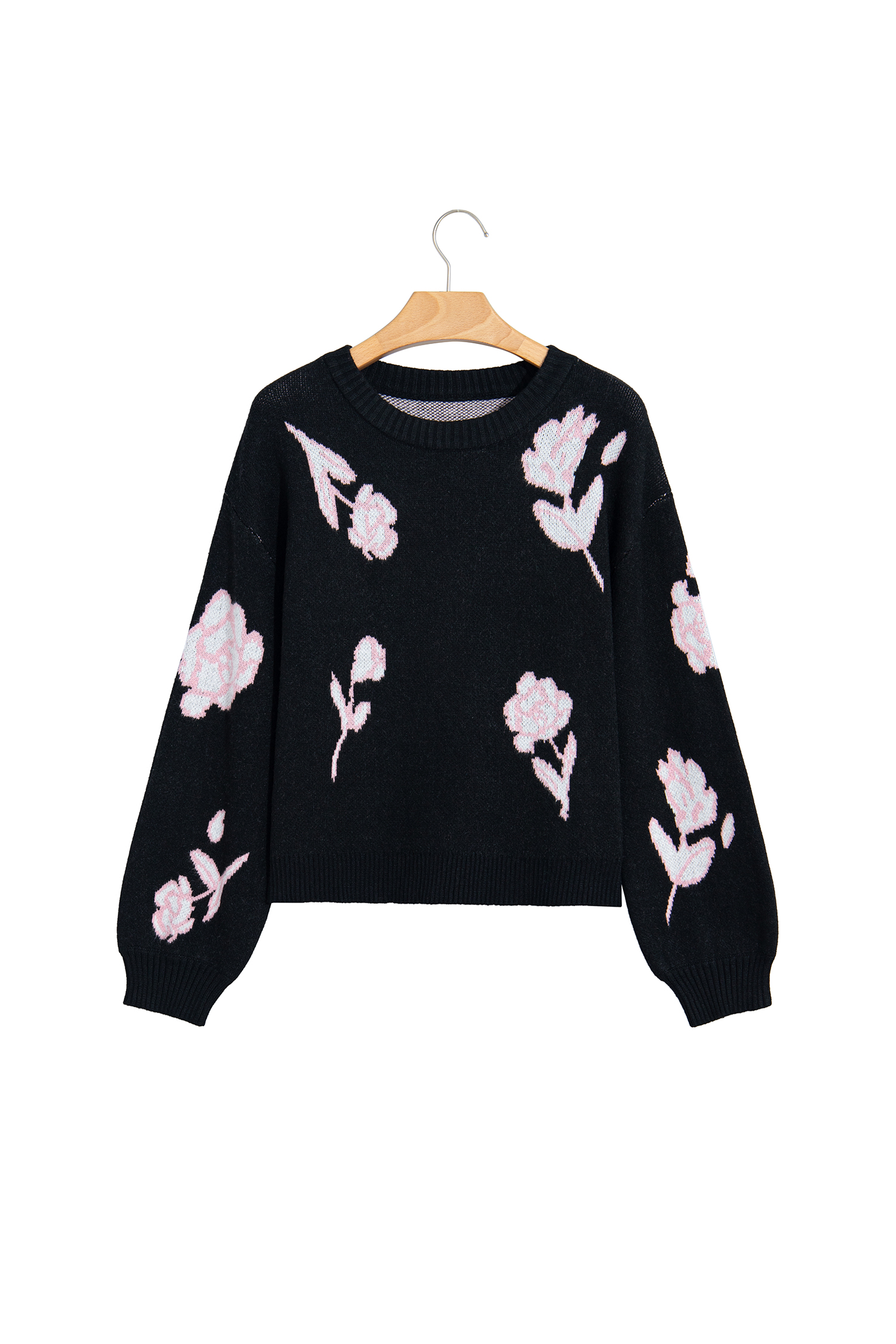 Casual Black Floral Sweater, Soft Long Sleeve Crew Neck Top - Detail View 3