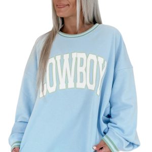 Women's Cowboy Sweatshirt, Beau Blue Embroidered Pullover - Main View