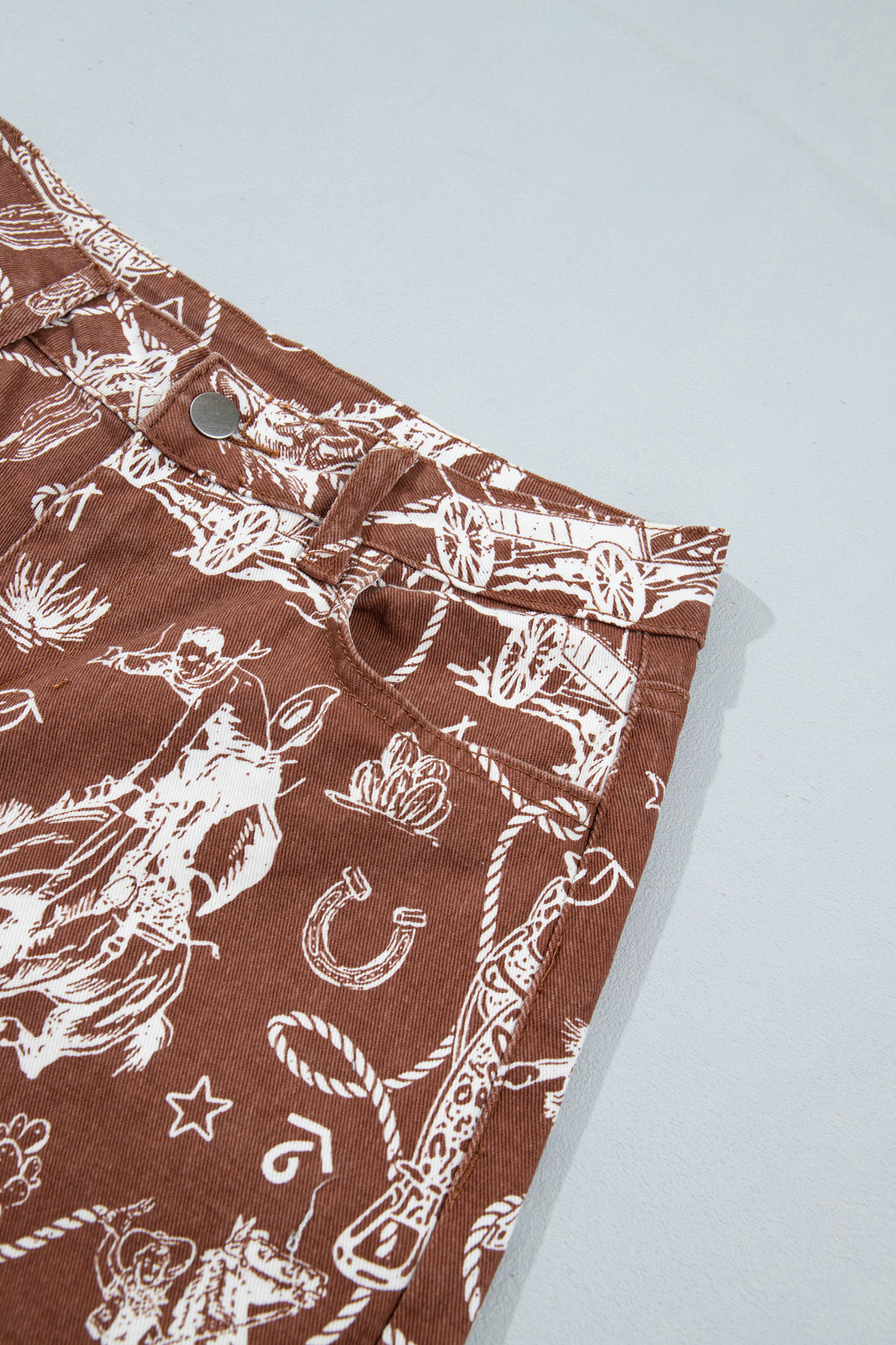 Women's Western Print Jeans, High Waisted Brown Denim Pants - Detail View 7