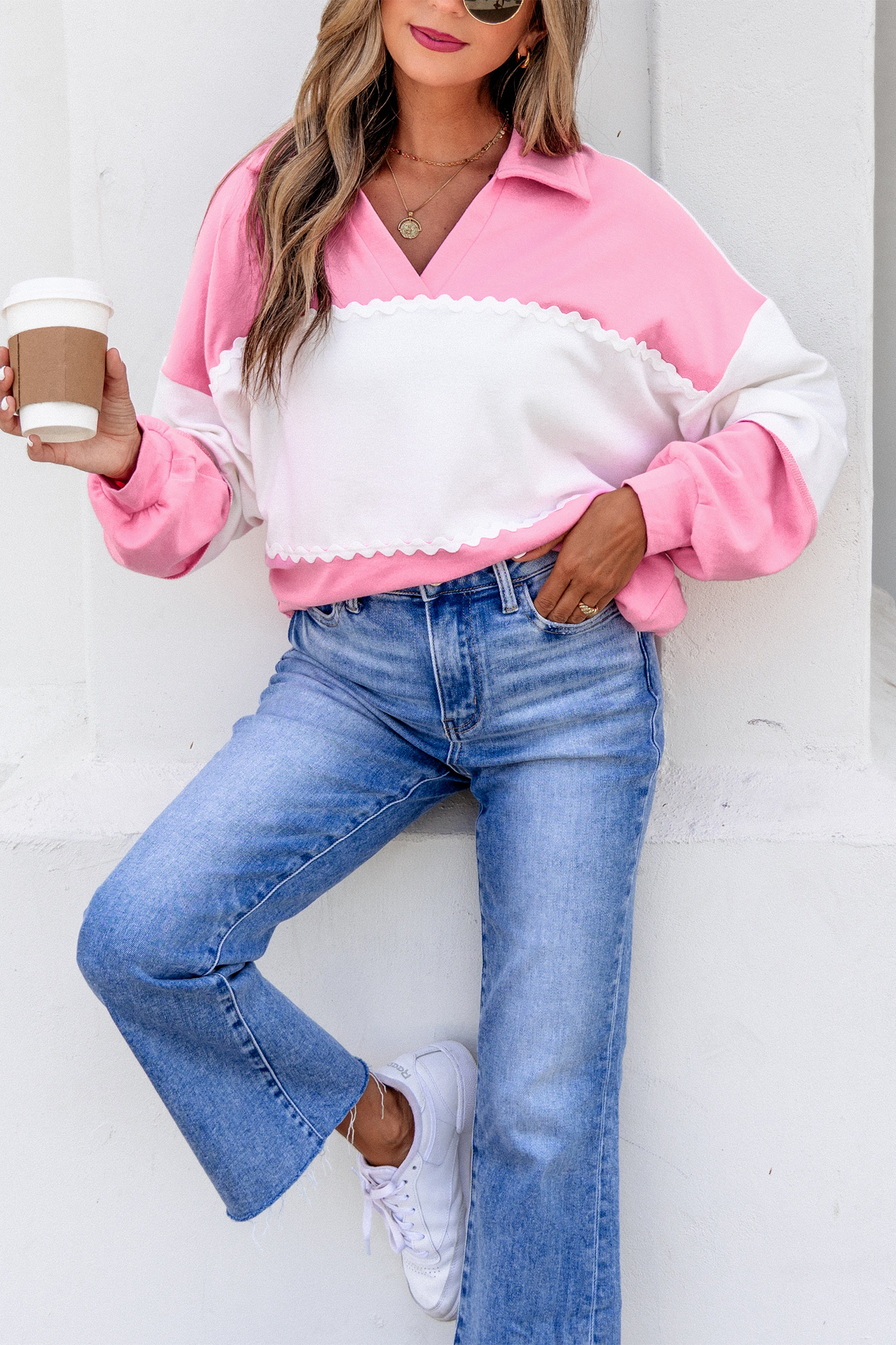 Women's Casual V Neck Top, Rose Red Colorblock Pullover - Detail View 6