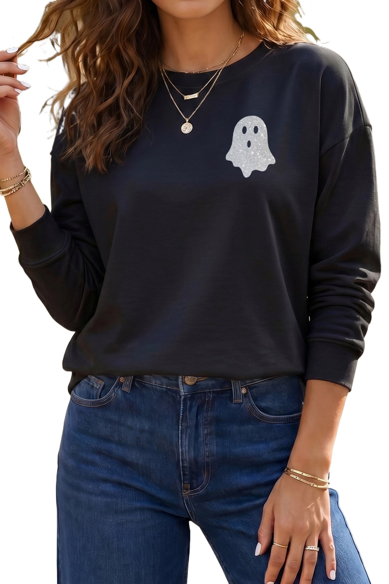 Women's Halloween Ghost Sweatshirt, Casual Crewneck Top - Main View