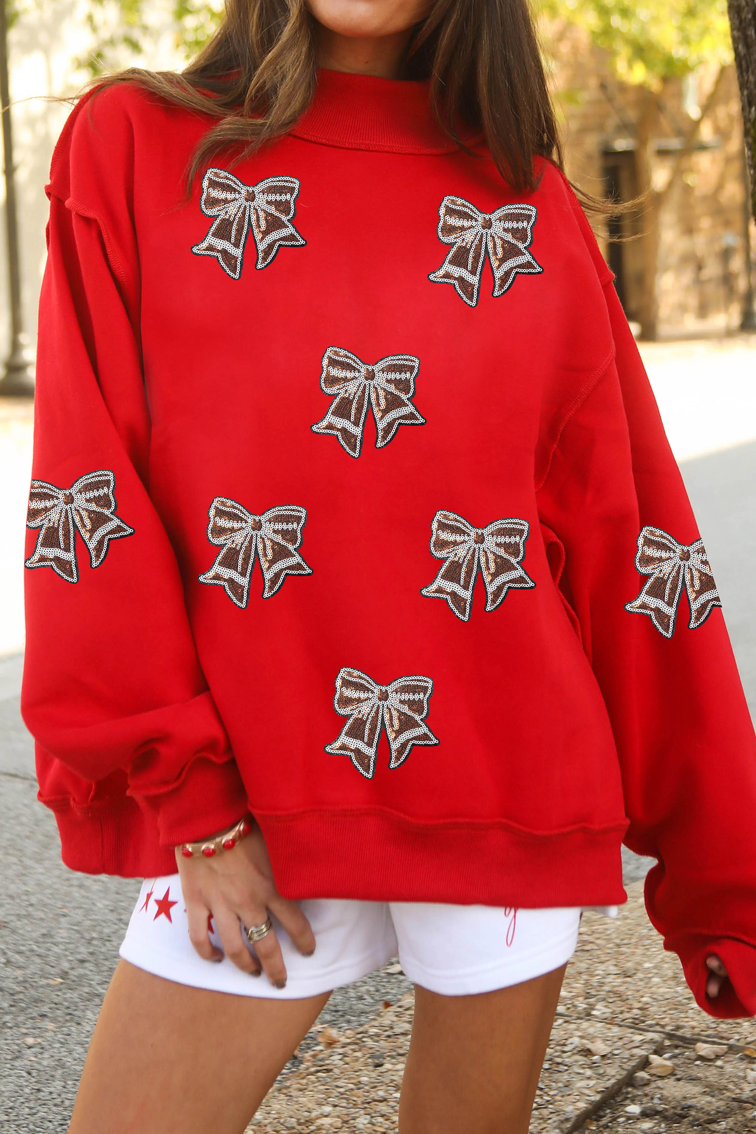 Game Day Women's Sweatshirt, Sequin Bow Mock Neck Autumn Top - Detail View 2